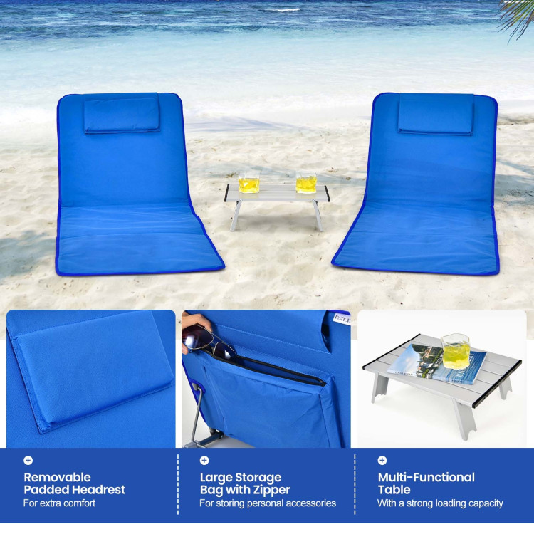 3 Pieces Beach Lounge Chair Mat Set 2 Adjustable Lounge Chairs with Table Stripe-Blue - Gallery View 3 of 10