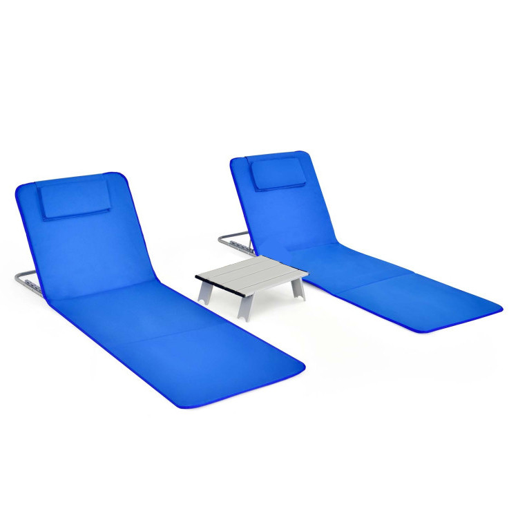 3 Pieces Beach Lounge Chair Mat Set 2 Adjustable Lounge Chairs with Table Stripe-Blue - Gallery View 1 of 10