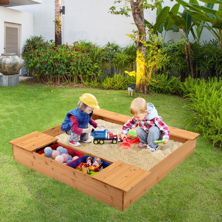 Kids Wooden Sandbox with Bench Seats and Storage BoxesCostway Gallery View 2 of 10