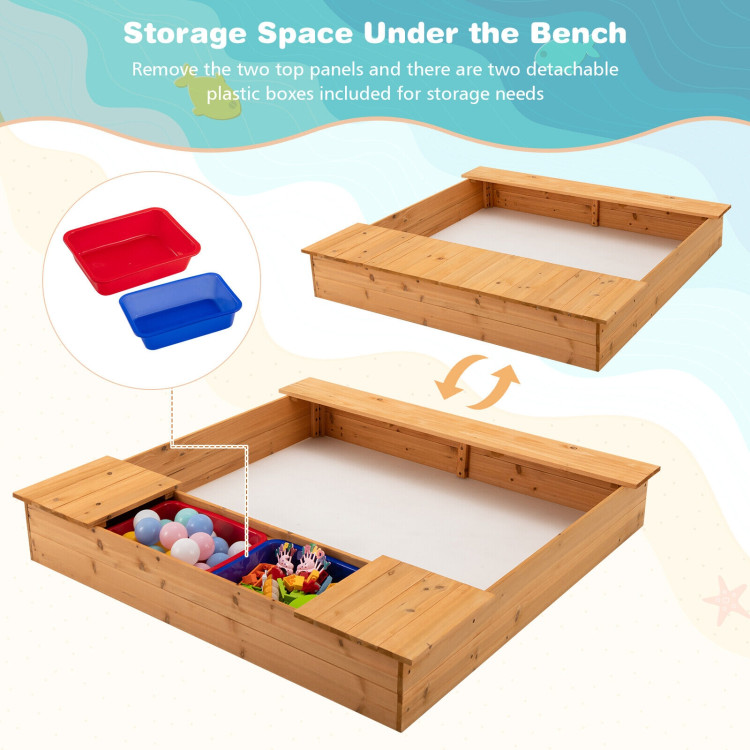 Kids Wooden Sandbox with Bench Seats and Storage BoxesCostway Gallery View 9 of 10