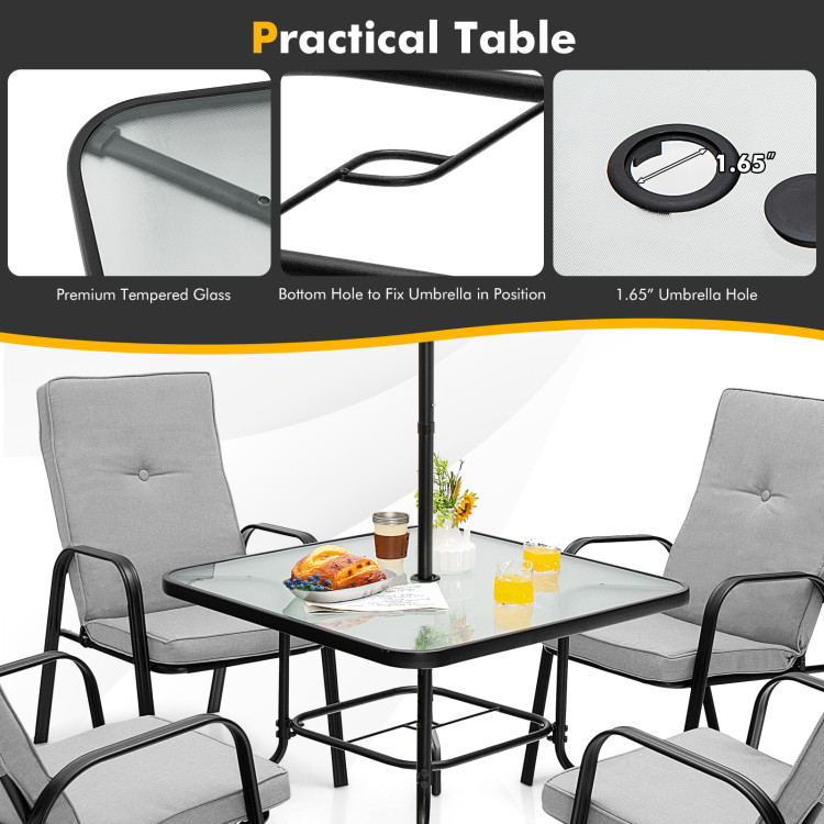 6 Pieces Patio Dining Set with Umbrella and Stackable Cushioned ChairsCostway Gallery View 10 of 10
