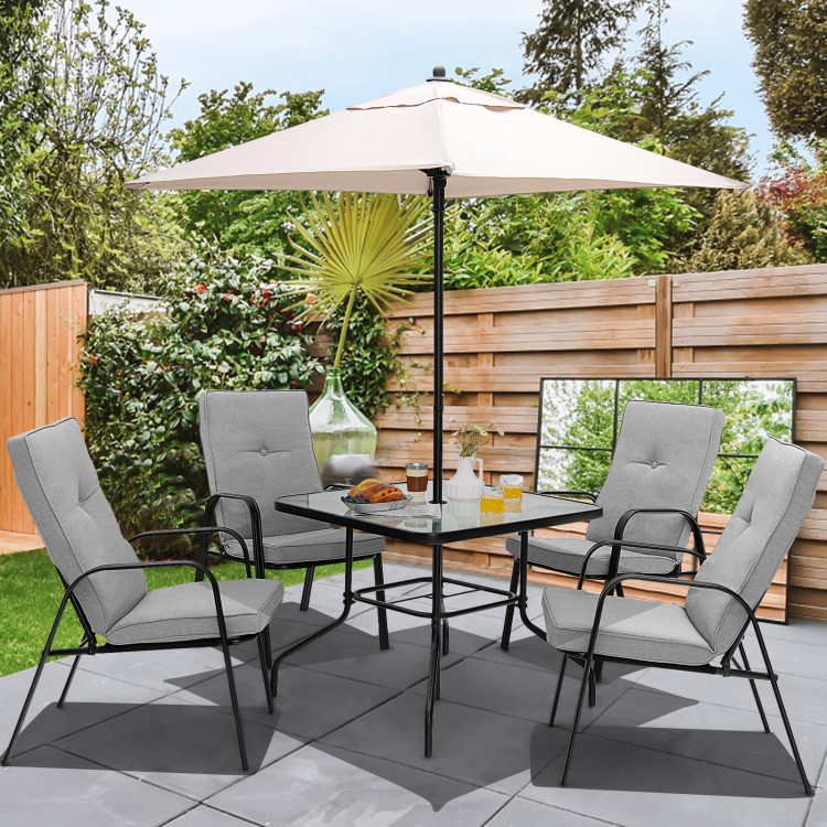 6 Pieces Patio Dining Set with Umbrella and Stackable Cushioned ChairsCostway Gallery View 2 of 10