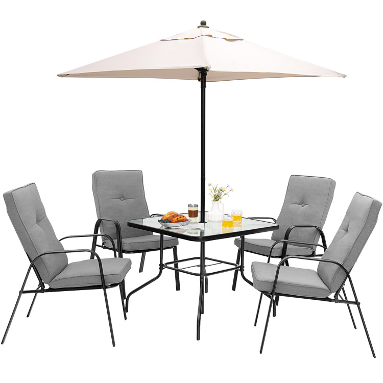 6 Pieces Patio Dining Set with Umbrella and Stackable Cushioned ChairsCostway Gallery View 4 of 10