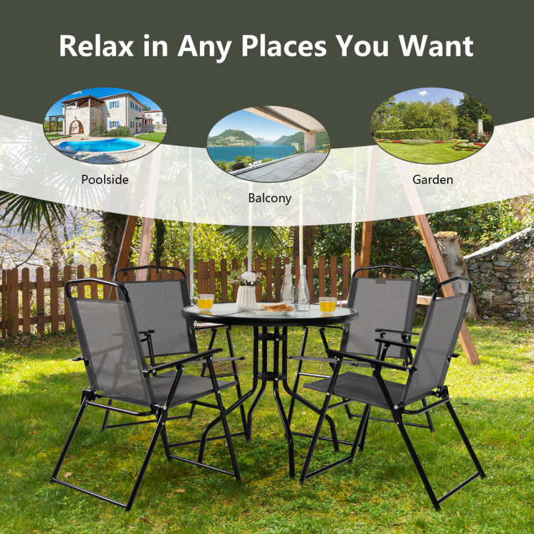 6 Pieces Patio Dining Set Folding Chairs Glass Table Tilt Umbrella for Garden-GrayCostway Gallery View 9 of 10