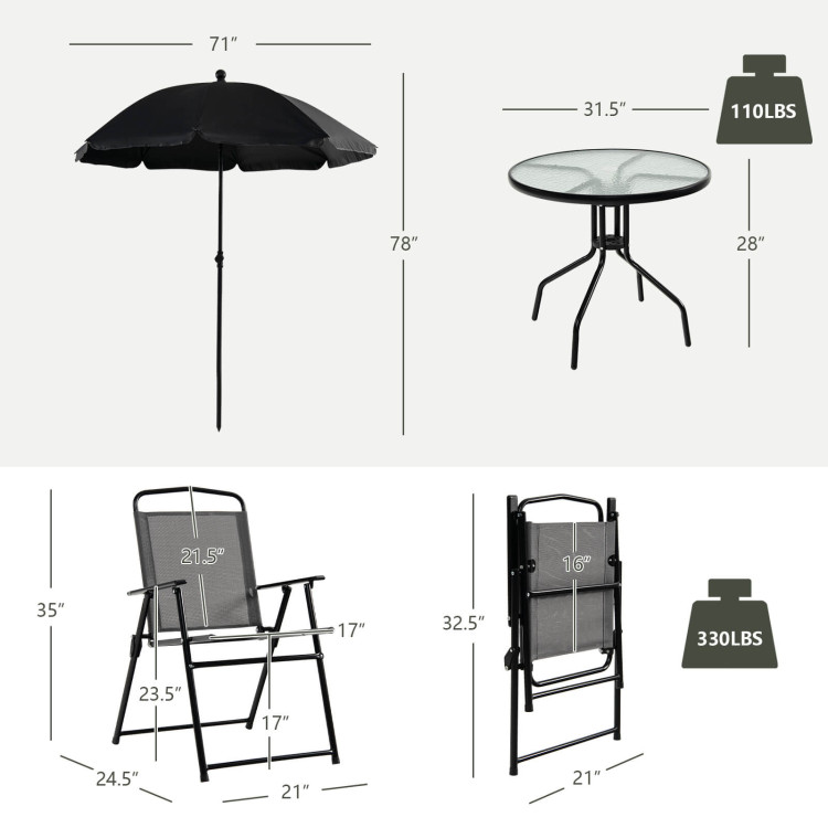 6 Pieces Patio Dining Set Folding Chairs Glass Table Tilt Umbrella for Garden-GrayCostway Gallery View 4 of 10