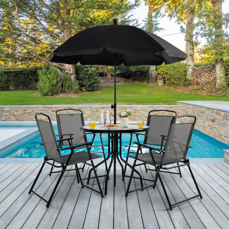 6 Pieces Patio Dining Set Folding Chairs Glass Table Tilt Umbrella for Garden-GrayCostway Gallery View 6 of 10