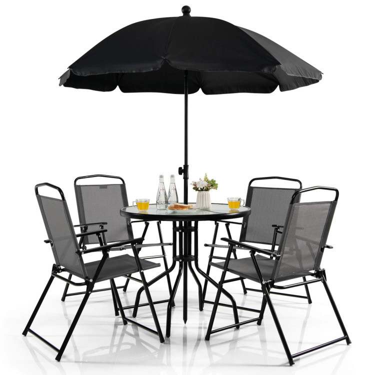 6 Pieces Patio Dining Set Folding Chairs Glass Table Tilt Umbrella for Garden-GrayCostway Gallery View 7 of 10