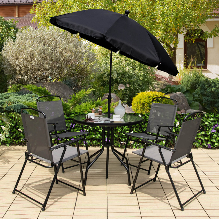 6 Pieces Patio Dining Set Folding Chairs Glass Table Tilt Umbrella for Garden-GrayCostway Gallery View 2 of 10