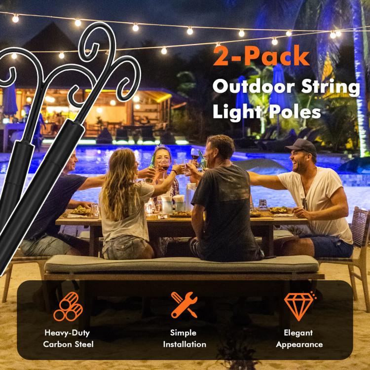 String Light Poles 2 Pack Outdoor Metal Poles with Top Arc Hook and 5-Prong Base-8 ftCostway Gallery View 3 of 11