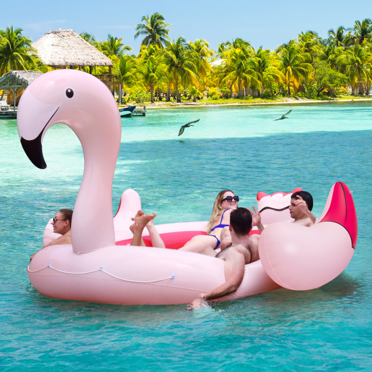 6 People Inflatable Flamingo Floating Island with 6 Cup Holders for Pool and RiverCostway Gallery View 4 of 11