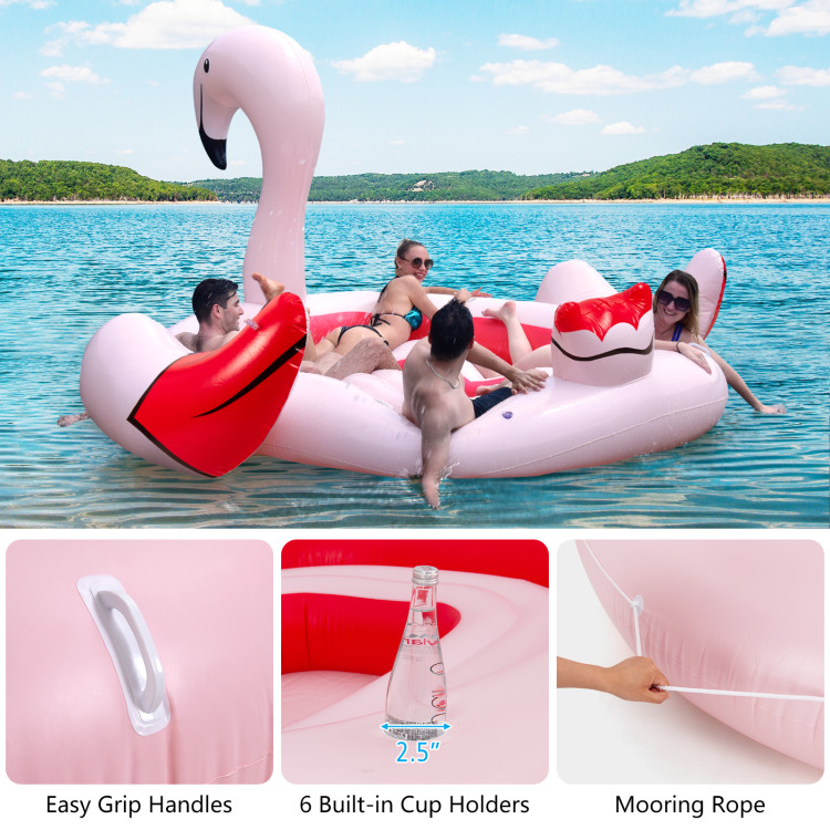6 People Inflatable Flamingo Floating Island with 6 Cup Holders for Pool and RiverCostway Gallery View 3 of 11