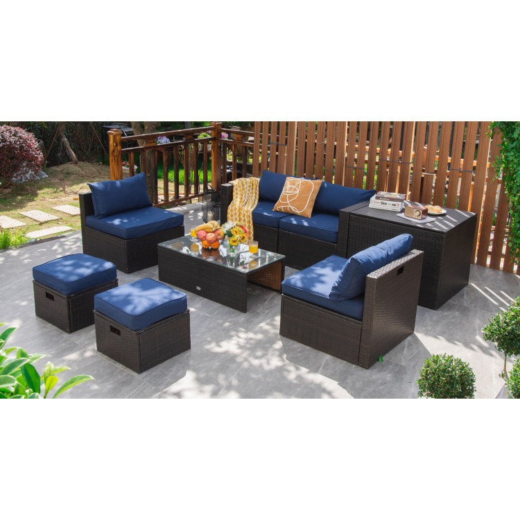 8 Pieces Patio Space-Saving Rattan Furniture Set with Storage Box and Waterproof Cover-NavyCostway Gallery View 7 of 11