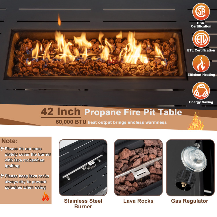 42 Inch 60,000 BTU Rectangular Propane Fire Pit Table with Waterproof CoverCostway Gallery View 8 of 11