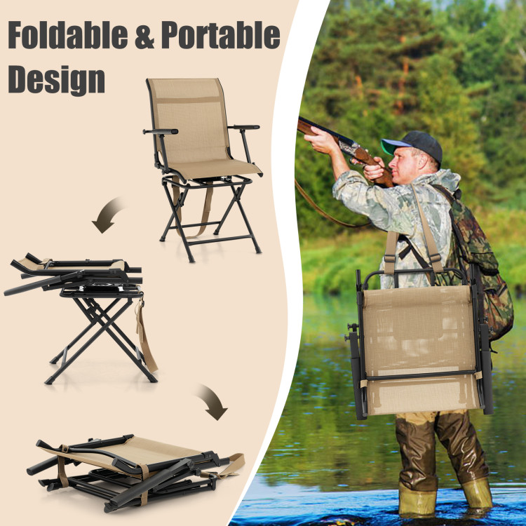 Goplus Hunting Chair, 360-Degree Swivel Hunting Blind Chair with Carrying Strap, Brown / with Armrest