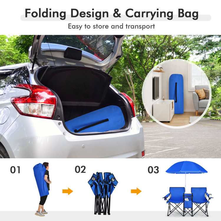 Portable Folding Picnic Double Chair With Umbrella - Costway