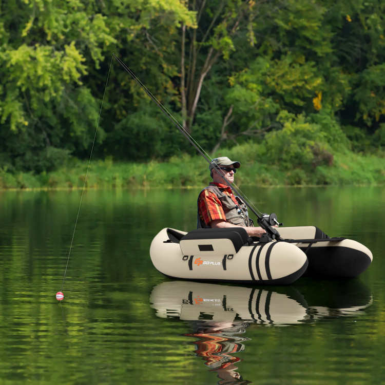 Goplus Inflatable Fishing Float Tube w/Pump & Storage Pockets & Fish Ruler  Gray