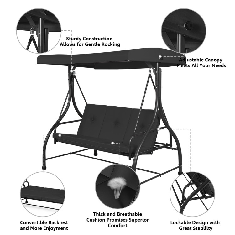 3 Seats Converting Outdoor Swing Canopy Hammock with Adjustable Tilt Canopy-BlackCostway Gallery View 5 of 6