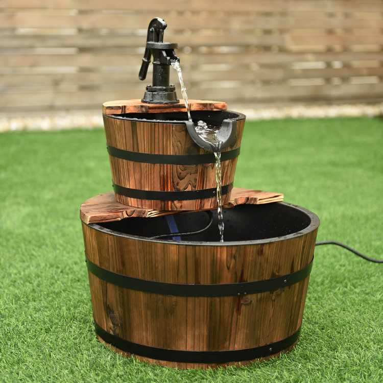 2 Tiers Outdoor Wooden Barrel Waterfall Fountain with PumpCostway Gallery View 2 of 10