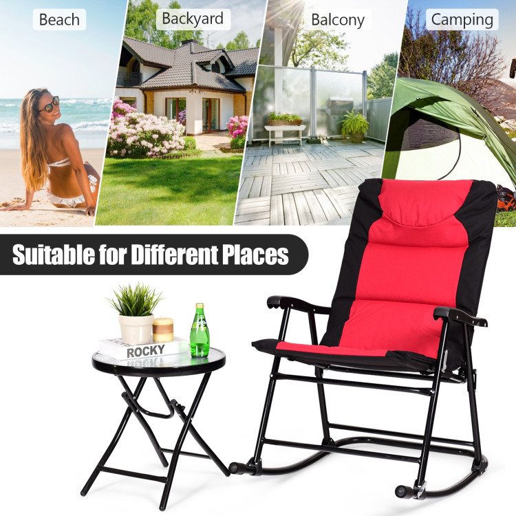 3 Pcs Outdoor Folding Rocking Chair Table Set with Cushion-Black&RedCostway Gallery View 3 of 11