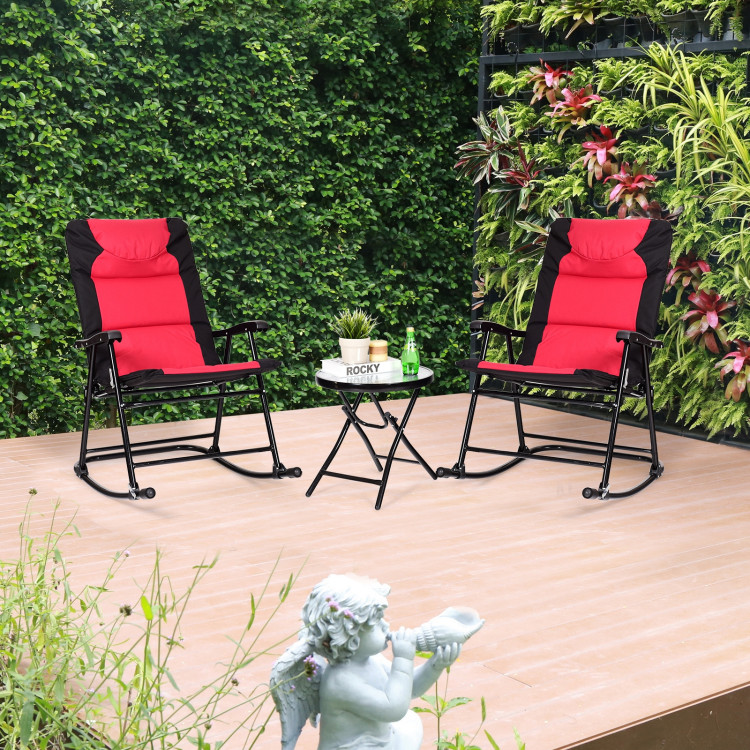 3 Pcs Outdoor Folding Rocking Chair Table Set with Cushion-Black&RedCostway Gallery View 2 of 11