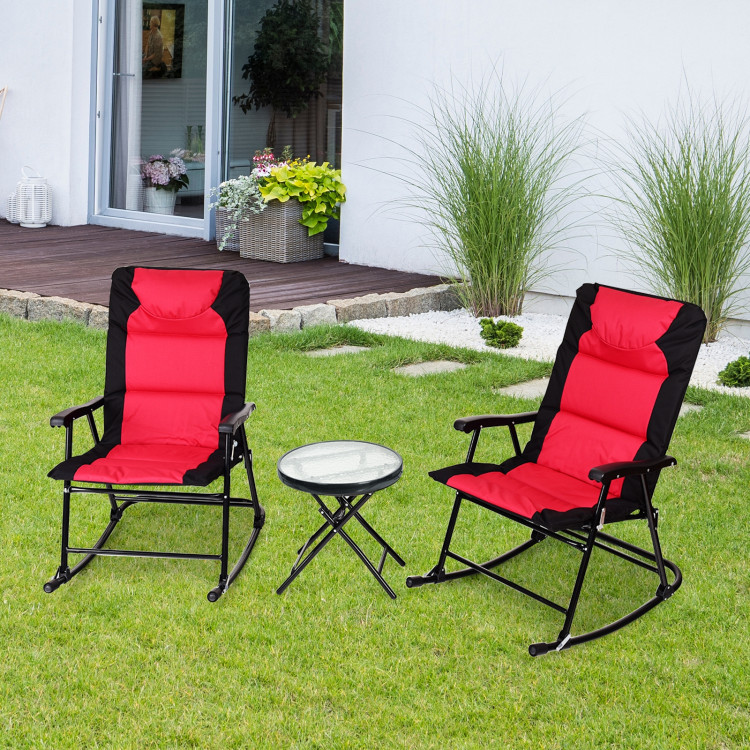 3 Pcs Outdoor Folding Rocking Chair Table Set with Cushion-Black&RedCostway Gallery View 6 of 11