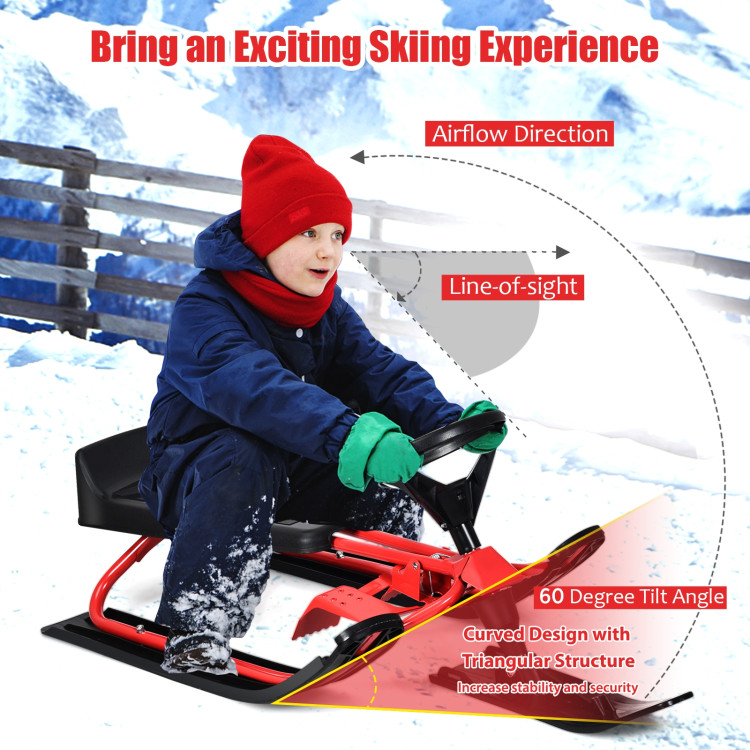 Kids Snow Sled with Steering Wheel and Double Brakes Pull RopeCostway Gallery View 3 of 11