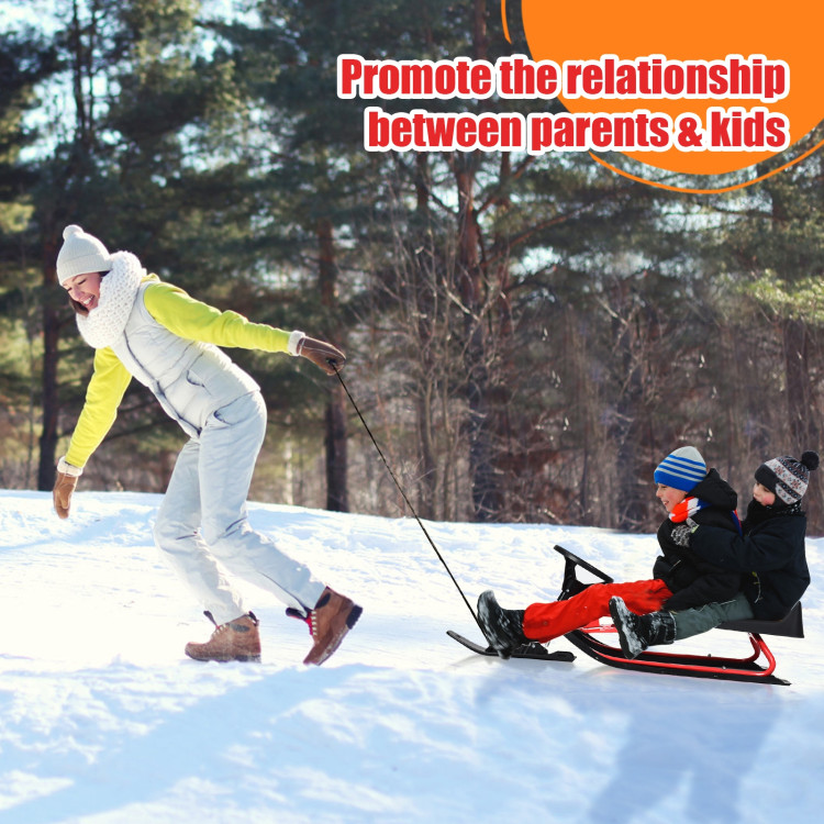 Kids Snow Sled with Steering Wheel and Double Brakes Pull RopeCostway Gallery View 9 of 11