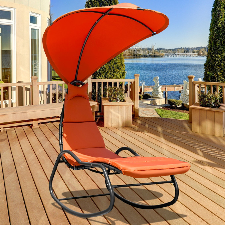 Chaise Lounge Swing with Wide Canopy Sun Shade and Soft Cushion-OrangeCostway Gallery View 2 of 13