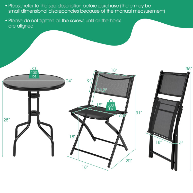 3 Pieces Folding Bistro Table Chairs Set for Indoor and OutdoorCostway Gallery View 4 of 9