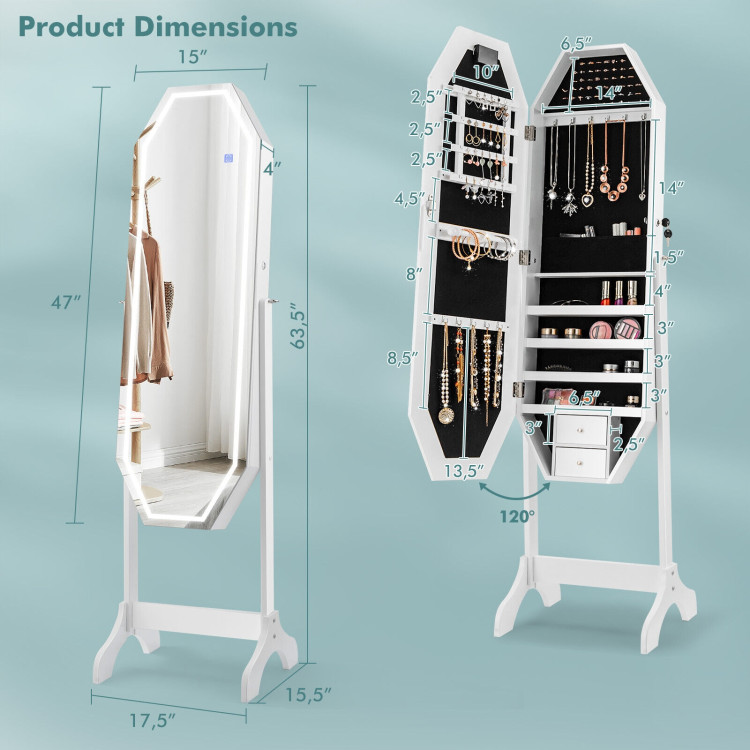 Standing Jewelry Cabinet Armoire Organizer LED Light Mirror Lockable WhiteCostway Gallery View 5 of 13