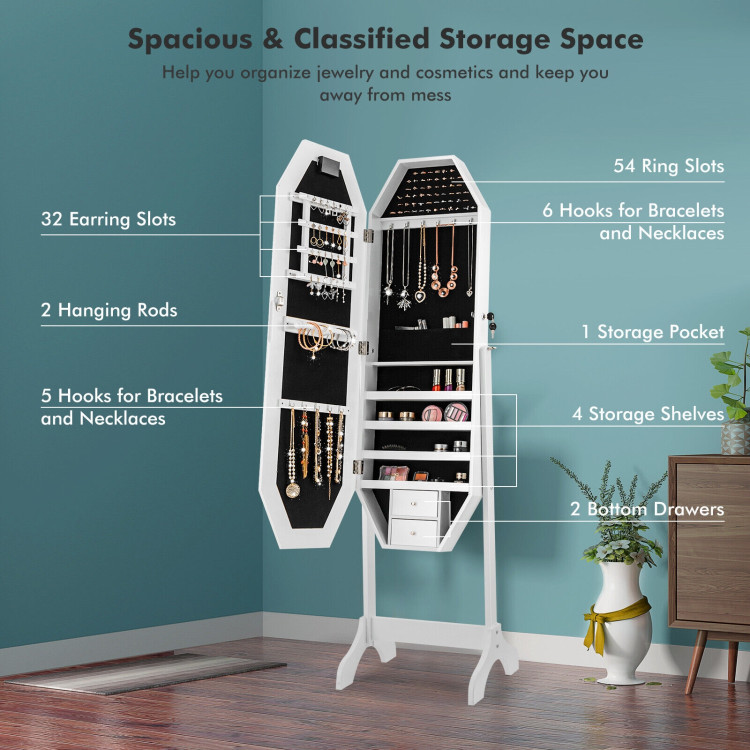 Standing Jewelry Cabinet Armoire Organizer LED Light Mirror Lockable WhiteCostway Gallery View 10 of 13