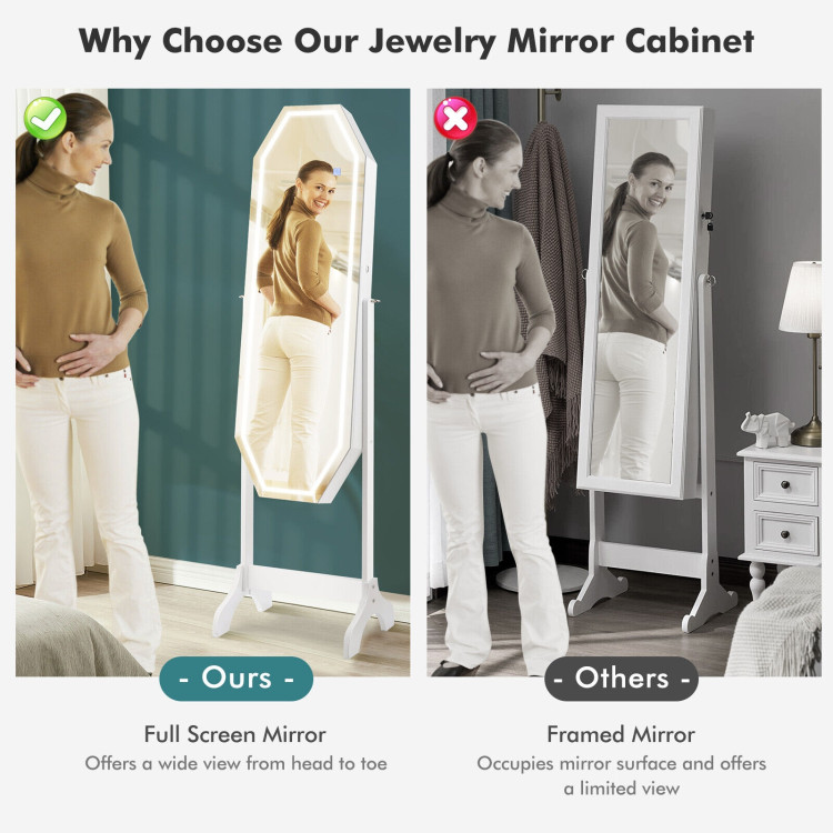 Standing Jewelry Cabinet Armoire Organizer LED Light Mirror Lockable WhiteCostway Gallery View 9 of 13