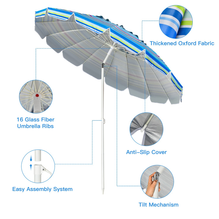 8FT Portable Beach Umbrella with Sand Anchor and Tilt Mechanism for Garden and Patio-BlueCostway Gallery View 10 of 12
