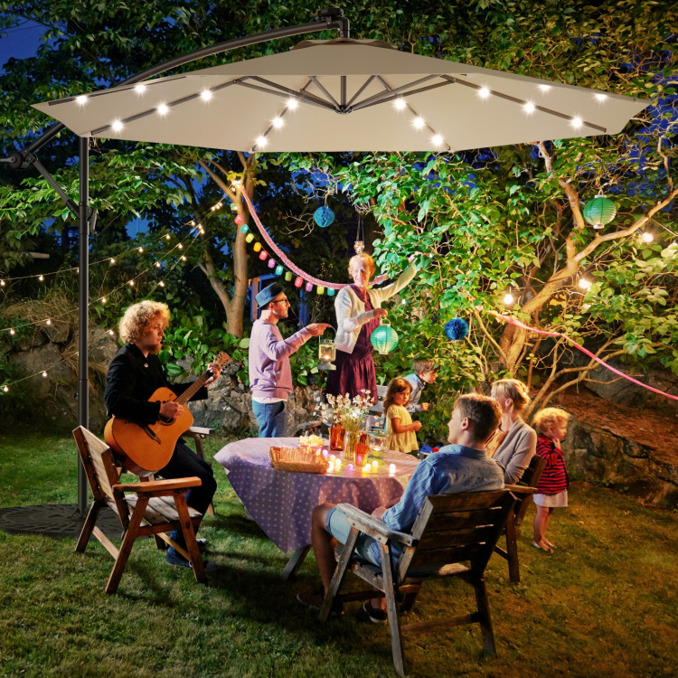 10 Feet Patio Hanging Solar LED Umbrella Sun Shade with Cross Base-BeigeCostway Gallery View 7 of 13