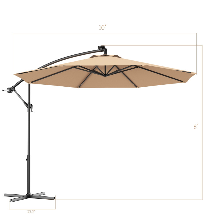 10 Feet Patio Hanging Solar LED Umbrella Sun Shade with Cross Base-BeigeCostway Gallery View 5 of 13