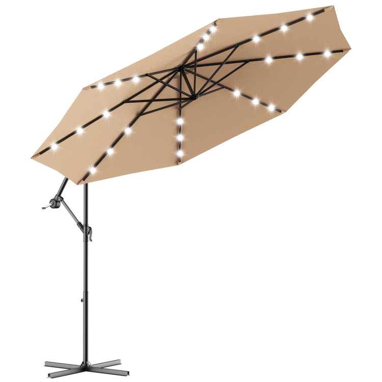 10 Feet Patio Hanging Solar LED Umbrella Sun Shade with Cross Base-BeigeCostway Gallery View 4 of 13