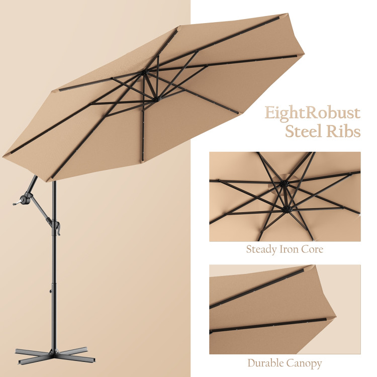 10 Feet Patio Hanging Solar LED Umbrella Sun Shade with Cross Base-BeigeCostway Gallery View 12 of 13
