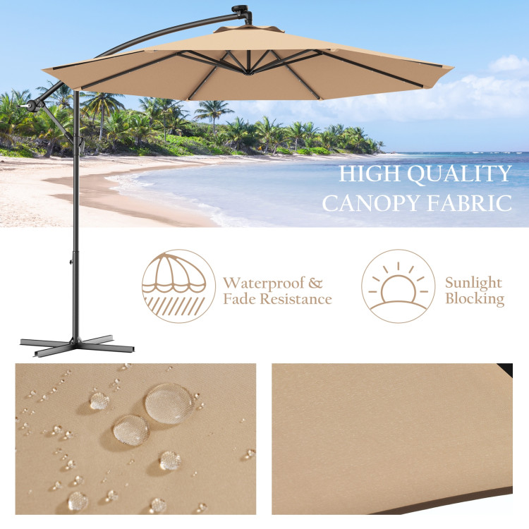 10 Feet Patio Hanging Solar LED Umbrella Sun Shade with Cross Base-BeigeCostway Gallery View 6 of 13