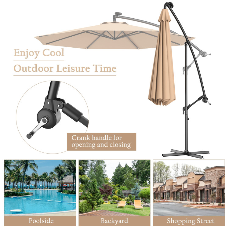10 Feet Patio Hanging Solar LED Umbrella Sun Shade with Cross Base-BeigeCostway Gallery View 9 of 13