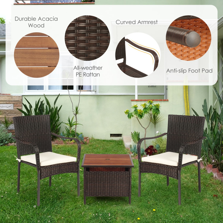 3 Pieces Patio Rattan Furniture Bistro Set with Wood Side Table and Stackable ChairCostway Gallery View 21 of 23