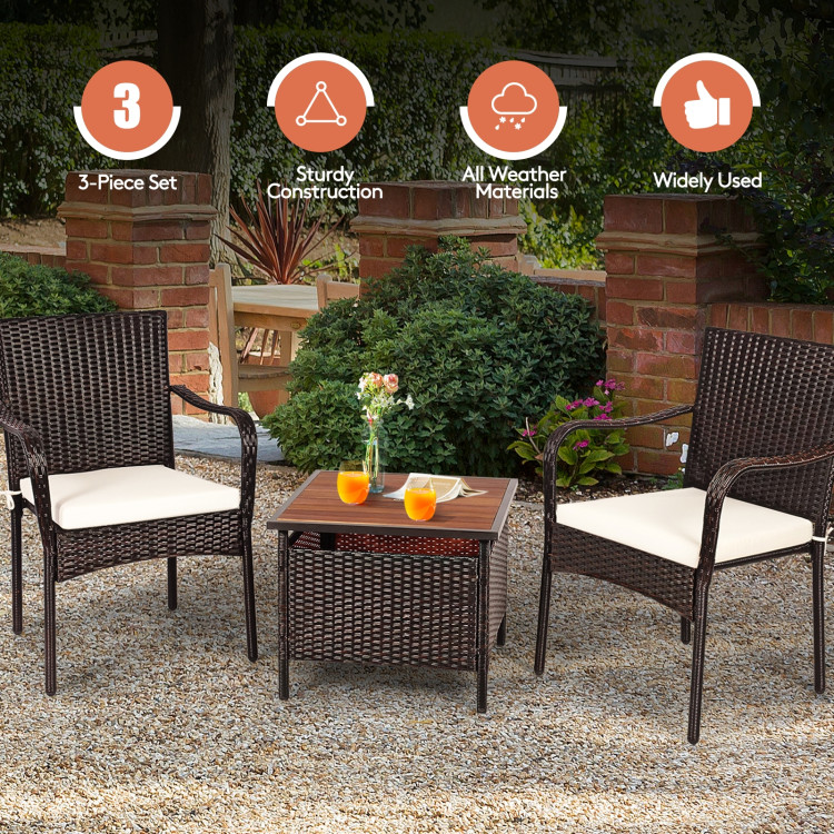 3 Pieces Patio Rattan Furniture Bistro Set with Wood Side Table and Stackable ChairCostway Gallery View 19 of 23