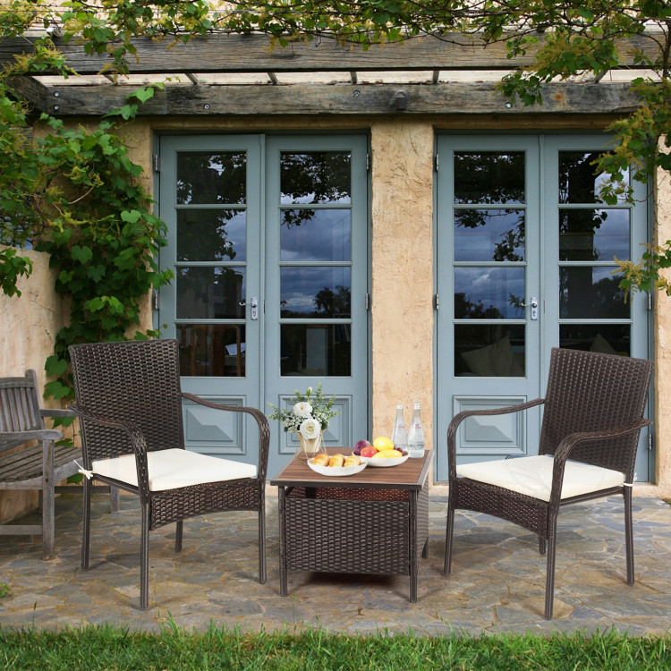 3 Pieces Patio Rattan Furniture Bistro Set with Wood Side Table and Stackable ChairCostway Gallery View 22 of 23