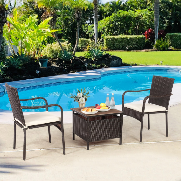 3 Pieces Patio Rattan Furniture Bistro Set with Wood Side Table and Stackable ChairCostway Gallery View 23 of 23