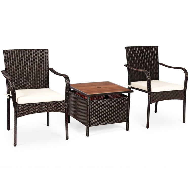 3 Pieces Patio Rattan Furniture Bistro Set with Wood Side Table and Stackable ChairCostway Gallery View 11 of 23