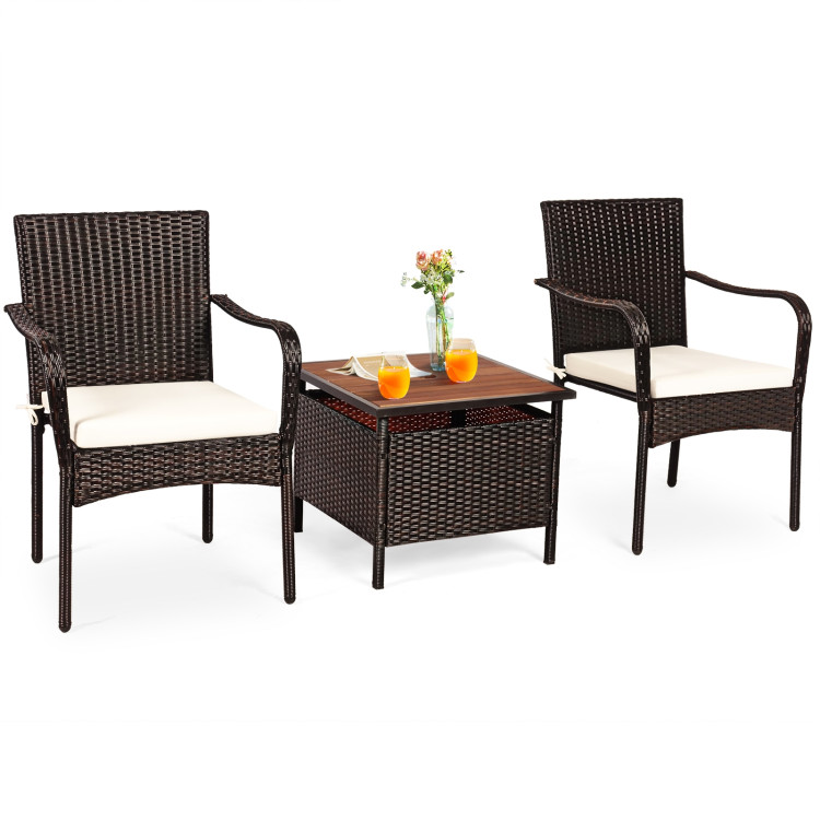 3 Pieces Patio Rattan Furniture Bistro Set with Wood Side Table and Stackable ChairCostway Gallery View 10 of 23