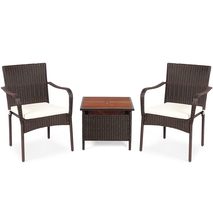 3 Pieces Patio Rattan Furniture Bistro Set with Wood Side Table and Stackable ChairCostway Gallery View 3 of 23