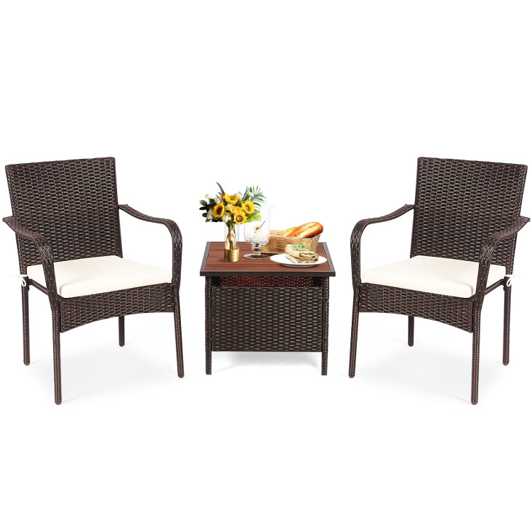 3 Pieces Patio Rattan Furniture Bistro Set with Wood Side Table and Stackable ChairCostway Gallery View 9 of 23