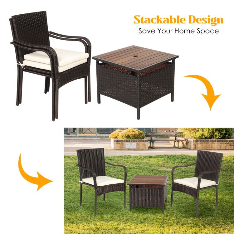 3 Pieces Patio Rattan Furniture Bistro Set with Wood Side Table and Stackable ChairCostway Gallery View 17 of 23