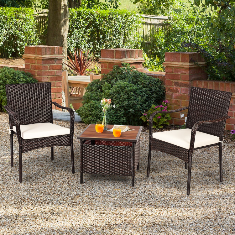 3 Pieces Patio Rattan Furniture Bistro Set with Wood Side Table and Stackable ChairCostway Gallery View 7 of 23