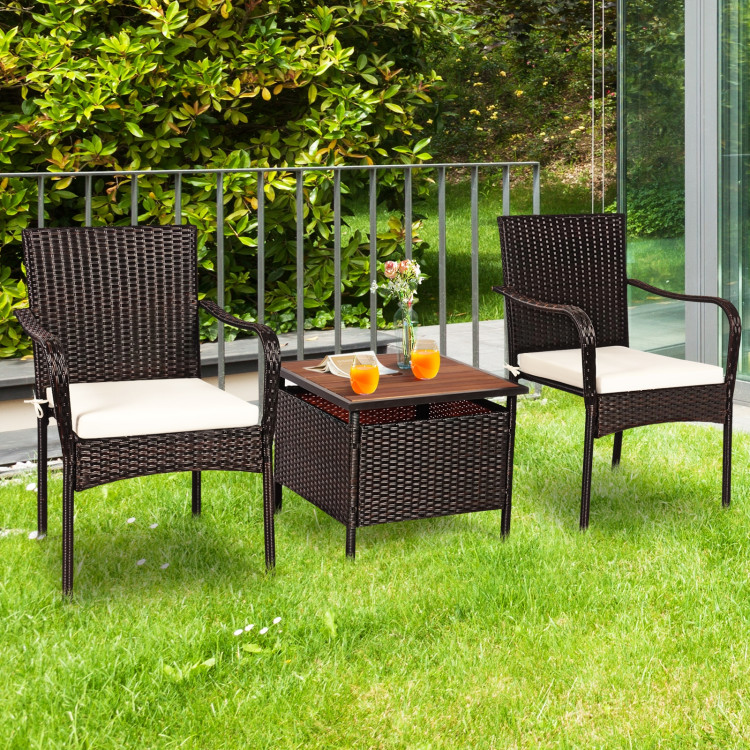 3 Pieces Patio Rattan Furniture Bistro Set with Wood Side Table and Stackable ChairCostway Gallery View 6 of 23